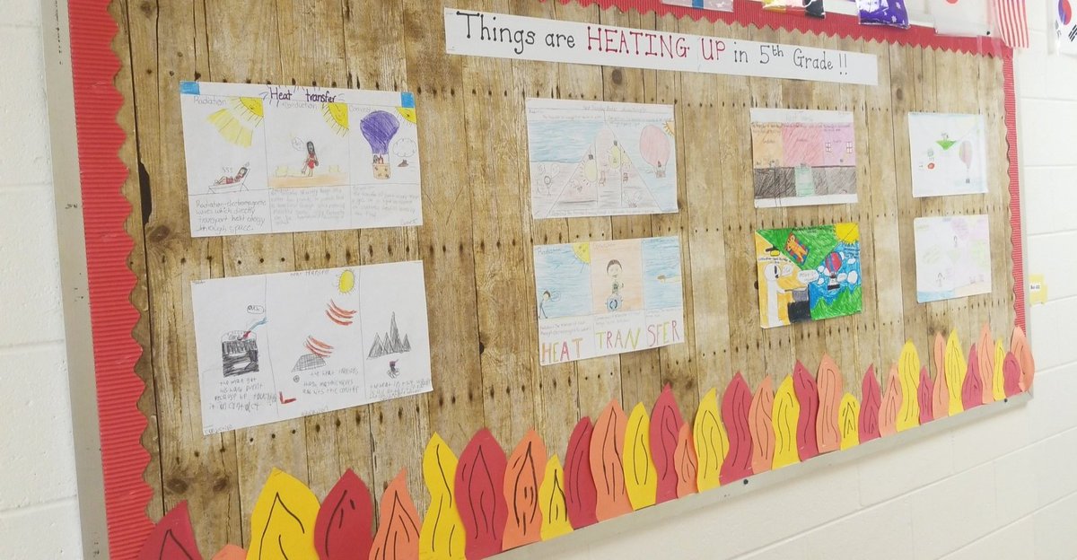 Dee_justteach's tweet photo. Things are 'heating up' in 5th grade! Displaying some of our heat transfer posters! #ccsscience @GCES_GoneGlobal https://t.co/wsQIb144vO