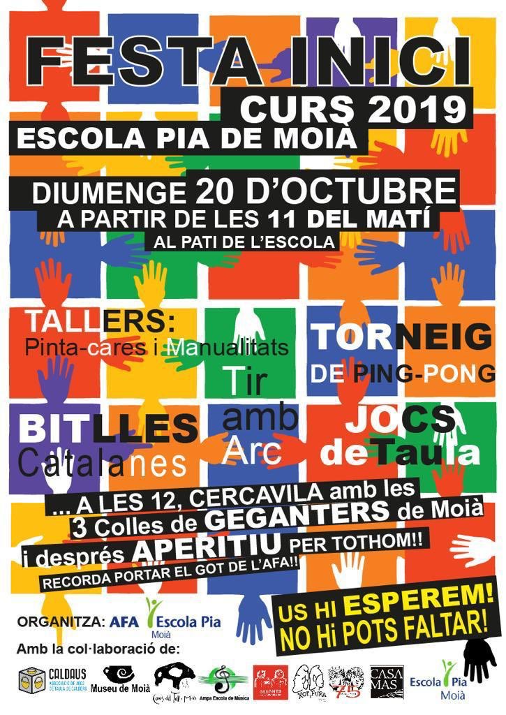 👉🏻 ATENCIÓ FAMÍLIES!
Diumenge 20, els gegants de l’escola, el Xot i la Fura, acompanyats dels músics de l’extraescolar de gralla, seran a la festa d’inici de curs de @EscolaPiaMoia. Hi esteu tots convidats! 👏🏻👏🏻👏🏻