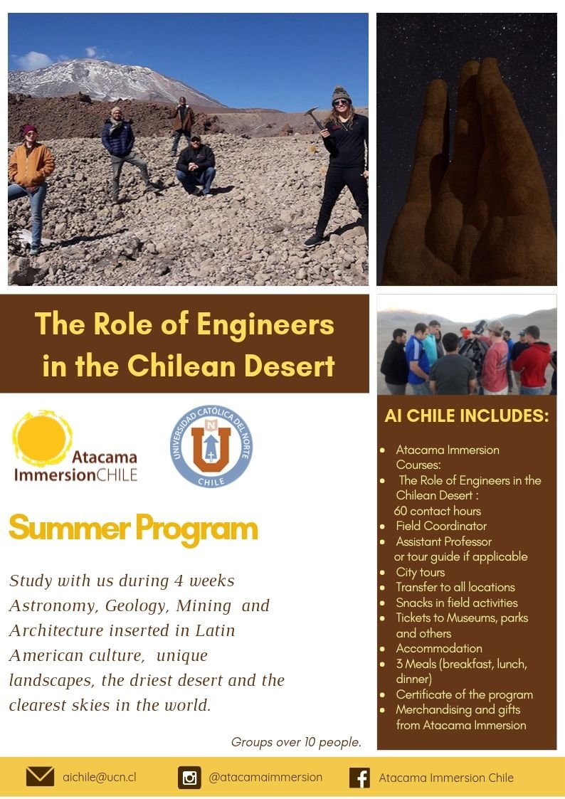 AtacamaM's tweet photo. We introduce our new program: The Role of Engineers in the Chilean Desert, with class in Astronomy, Geology, Mining, Architecture and interesting fieldtrips in the Northern Chile... #travelandlearn #studyabroad #summerprogram #studentlife #chilelindo #studyinchile https://t.co/mqWqnIee04