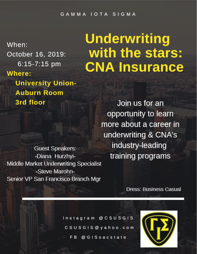 CSUSGIS's tweet photo. Hey Hornets, we got an upgrade! Meet us in the Union tomorrow, Auburn room at 6pm where we will be joined by CNA insurance https://t.co/W51XhlwXf6