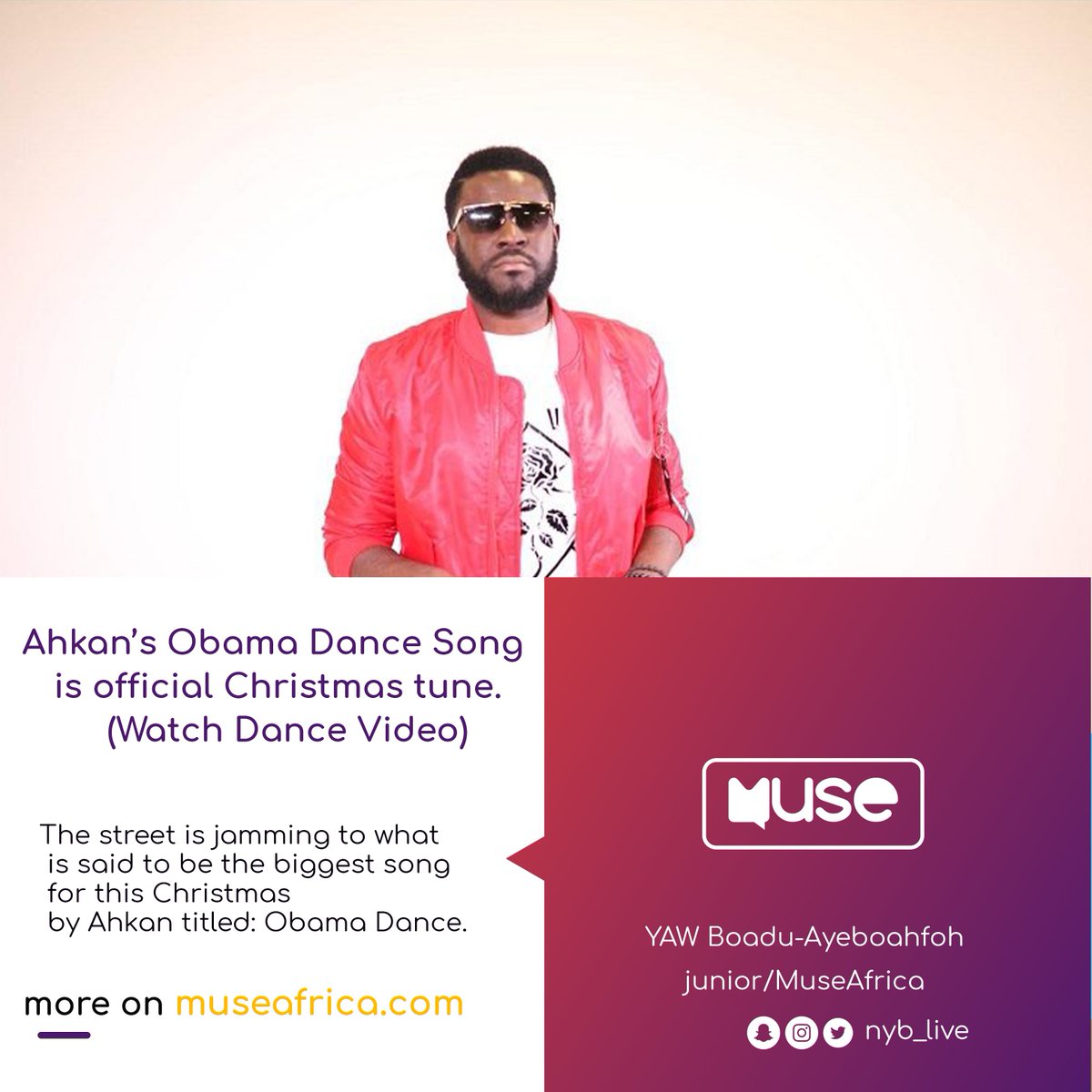 muse_africa's tweet photo. #MuseAfrica The street is jamming to what is said to be the biggest song for this Christmas by @ahkanofficial titled: Obama Dance.

More here 👉https://t.co/f3YfzKulLP

Post Powered by @airteltigoghana #FuseBundle https://t.co/uvGFp9Vikp