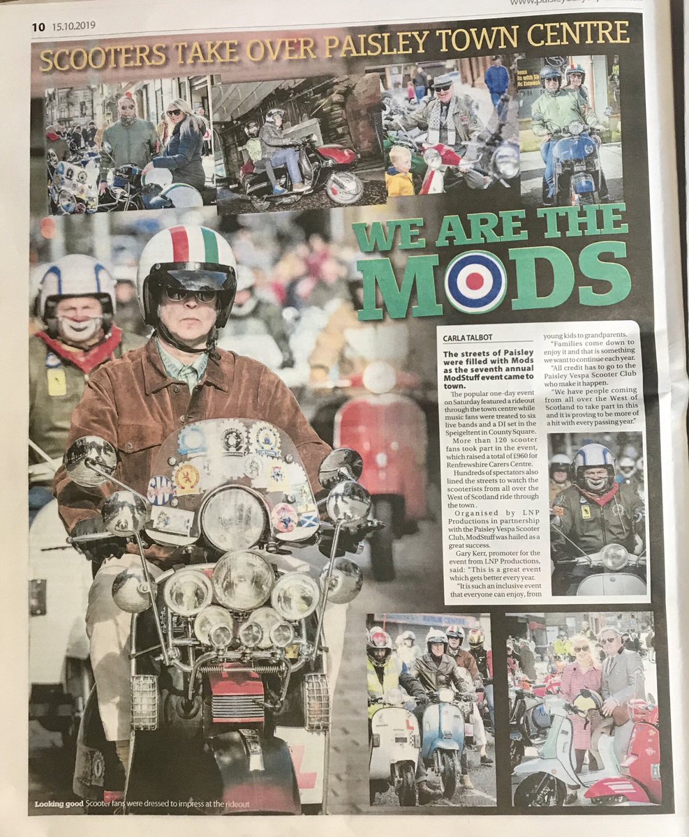 LNPPromotions's tweet photo. Pleased to let you know #Paisley #Vespa #ScooterClub & generous people attending helped raise ยฃ960 for @Rcarers at @paisleyis sponsored #ModStuff on Saturday
Wonderful effort ๐ thank you everyone.
Hereโs todayโs @PDEofficial with news https://t.co/bjImOIZqKn