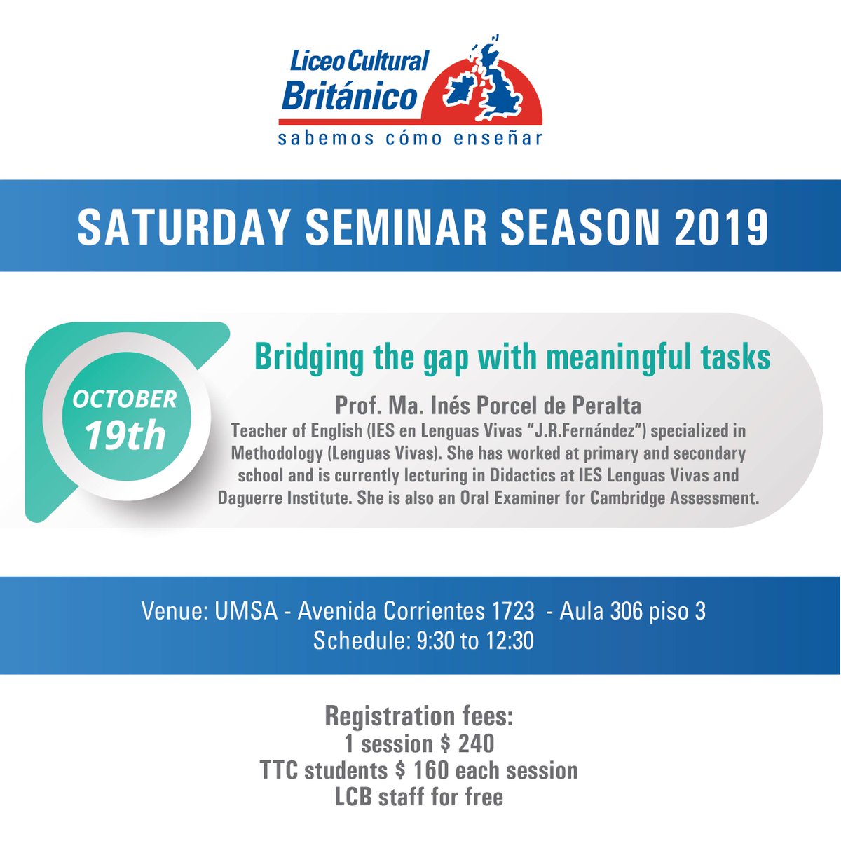 inglesLCB's tweet photo. Invitamos a #profesores, #traductores o estudiantes de Profesorado o Traductorado de #inglés a participar de nuestro próximo #seminario BRIDGING THE GAP WITH MEANINGFUL TASKS el día 19/10. Prof. Ma. Inés Porcel de Peralta. FORMULARIO DE PRE-INSCRIPCIÓN ➡ https://t.co/7sFqEN0eVM https://t.co/RgsIBwSbmz