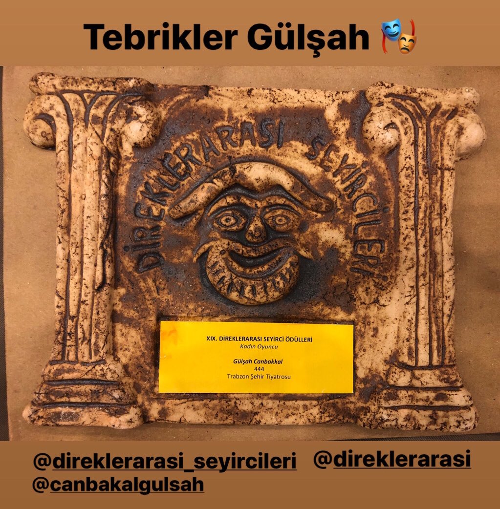 444 adlı oyunumuzda gösterdiği performansla XlX. Dreklerarası Seyirci Ödülleri “Kadın Oyuncu” ödülünü almaya hak kazanan oyuncumuz Gülşah Canbakal ı tebrik ederim. 
<a href="/Direklerarasi_/">Direklerarası</a>  <a href="/arastanews/">arasta</a> <a href="/sehirtiyatrosut/">Şehir Tiyatrosu Trabzon</a>  <a href="/tsehirtiyatrosu/">Trabzon Şehir Tiyatrosu</a>