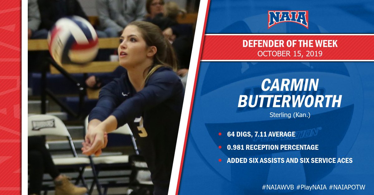 NAIA (@naia) on Twitter photo W🏐| Carmin Butterworth of <a href="/SterlingCSports/">Sterling Warriors</a> captured a new high as this week's defender of the week
For full story | bit.ly/2MhZNHJ
#PlayNAIA #collegevolleyball #NAIAWVB W🏐| Carmin Butterworth of <a href="/SterlingCSports/">Sterling Warriors</a> captured a new high as this week's defender of the week
For full story | bit.ly/2MhZNHJ
#PlayNAIA #collegevolleyball #NAIAWVB