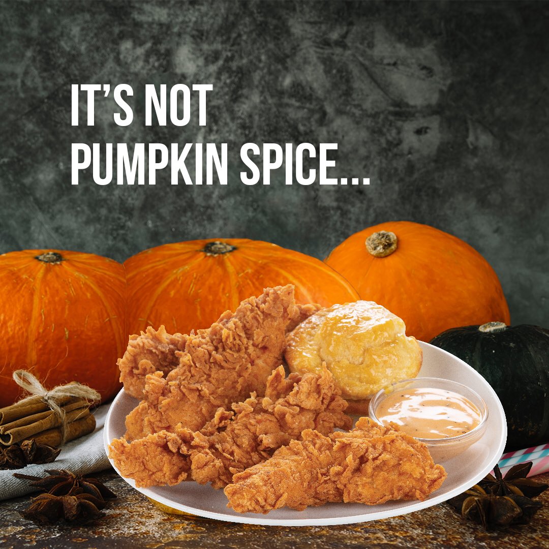 krispykrunchy's tweet photo. At Krispy Krunchy, we definitely don’t have anything pumpkin spiced, but all year long we’ve got your favorite spices in our delicious chicken! #cajunspice #notpumpkinspice #krispykrunchychicken https://t.co/6wkHRZuPEp