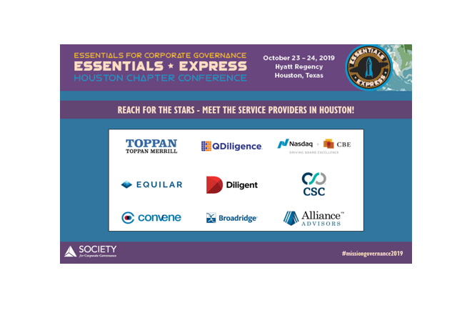 Society for Corporate Governance (@society4corpgov) on Twitter photo Meet the #ESSENTIALSExpress Exhibitors! societycorpgov.org/events/essenti… #missiongoverenance2019 #corpgov #grc <a href="/AllianceProxy/">Alliance Advisors</a> <a href="/Broadridge/">Broadridge</a> <a href="/AzeusConvene/">Convene</a> <a href="/BoardExcellence/">CBE | Driving Board Excellence</a> <a href="/CSCGlobal/">CSC</a> <a href="/diligentHQ/">Diligent</a> <a href="/equilarinc/">Equilar Inc.</a> <a href="/QDiligence/">QDiligence is now part of Nasdaq</a> <a href="/Toppan_Merrill/">Toppan Merrill</a> Meet the #ESSENTIALSExpress Exhibitors! societycorpgov.org/events/essenti… #missiongoverenance2019 #corpgov #grc <a href="/AllianceProxy/">Alliance Advisors</a> <a href="/Broadridge/">Broadridge</a> <a href="/AzeusConvene/">Convene</a> <a href="/BoardExcellence/">CBE | Driving Board Excellence</a> <a href="/CSCGlobal/">CSC</a> <a href="/diligentHQ/">Diligent</a> <a href="/equilarinc/">Equilar Inc.</a> <a href="/QDiligence/">QDiligence is now part of Nasdaq</a> <a href="/Toppan_Merrill/">Toppan Merrill</a>