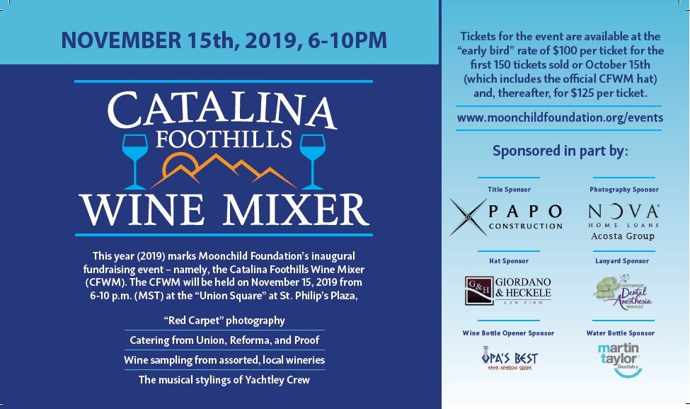 MoonchildFndn's tweet photo. Last call for "early bird" tickets to the Catalina Foothills Wine Mixer (Nov. 15th) hosted by @MoonchildFndn and featuring @YachtleyCrew. Get you tickets now at https://t.co/Nlj1dLXIoF. #CFWM2019 https://t.co/FXOB6uxICb