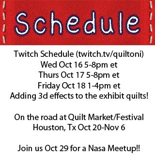 quiltoni's tweet photo. I’m home and streaming for a whole week!!  Want to see me add some 3D effects to these exhibit quilts?  Swing on by. 

#quilts #quilting #firstexhibit #twitch #streaming #seeing https://t.co/QzOXfoxouC