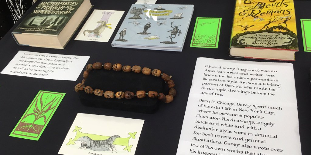 UHMLibrary's tweet photo. A Gorey Halloween, the new pop-up exhibit now on display in our lobby, features Edward Gorey books, illustrated book-jackets, and other ephemera from the John A. Carollo-Edward Gorey collection. Can you find #theyellowbird or #thedoubtfulguest? #uhmlibrary #libraryexhibits #gorey https://t.co/Gx0IhGVsQg