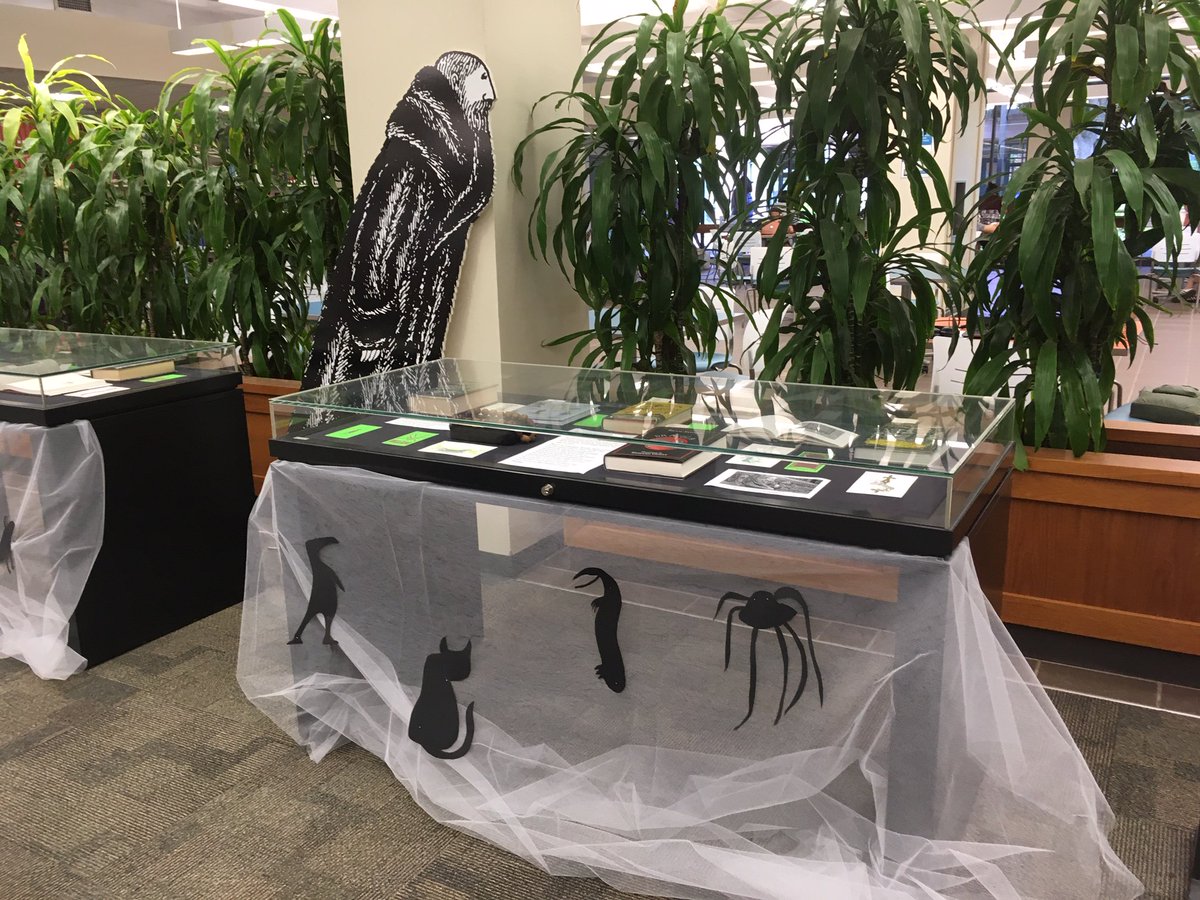 UHMLibrary's tweet photo. A Gorey Halloween, the new pop-up exhibit now on display in our lobby, features Edward Gorey books, illustrated book-jackets, and other ephemera from the John A. Carollo-Edward Gorey collection. Can you find #theyellowbird or #thedoubtfulguest? #uhmlibrary #libraryexhibits #gorey https://t.co/Gx0IhGVsQg