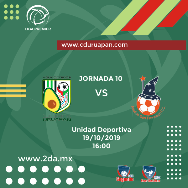 CDUUruapan's tweet photo. #Jornada10 
 
@CDUUruapan 
 vs 
#BrujosSFC

@LigaPremier_FMF

🏟 Estadio: Unidad Deportiva
📅 Fecha: 19/10/19
⏱ Hora: 16:00 https://t.co/9xgC92cb8X
