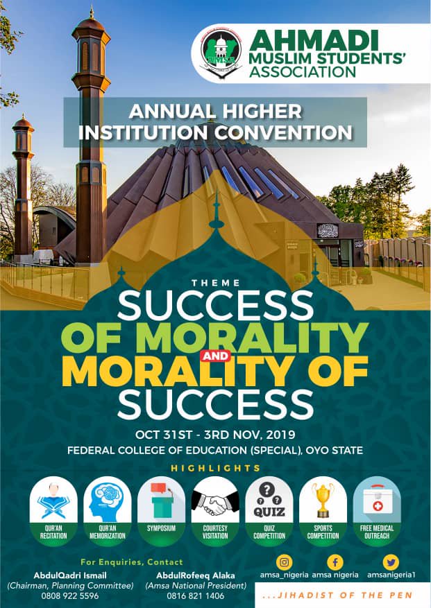 OlaAbdQad's tweet photo. It's @AMSANIGERIA1 and AMSWA #AHIC2019

Join us in our great #gathering. Come to us to be part of the guided ones.

@alislam @MuslimYouthNGA @NewsMTA @AMSANIGERIA1 @Tahir_Region @Qadian_India @AhmadiyyaGR @AhmadiyyaMuseum @AnsarullahNg @shokingskay @m_matepo

#Islam #Ahmadiyya https://t.co/GqSl4UDkE6