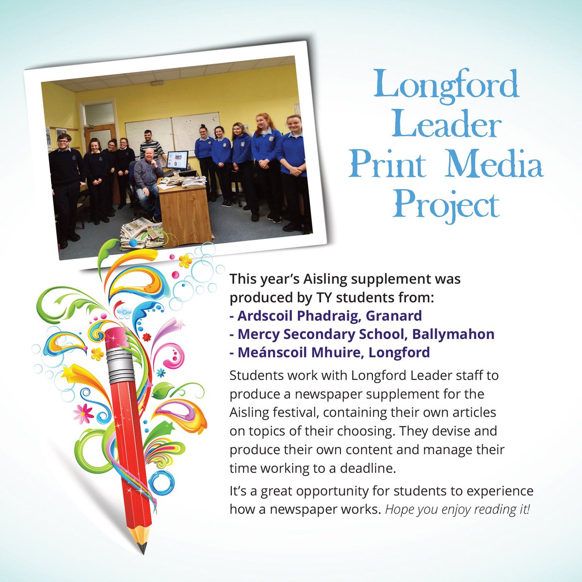 aislingfestival's tweet image. The @Longford_Leader supplement has been taken over by longford transition years and is packed with great energy and ideas - don’t miss it! #writetoright #myplaceintheworld #localview #generations #MentalHealthAwareness