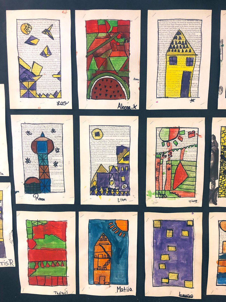 mllelewisz's tweet image. Check out our cityscapes inspired by #PaulKlee - we incorporated learning about #complementarycolours and #geometricshapes to create art that shows what city life means to us. Recycled book paper added another element to our art @EcoSchoolsTDSB @TDSB_Arts #visualart #grade5