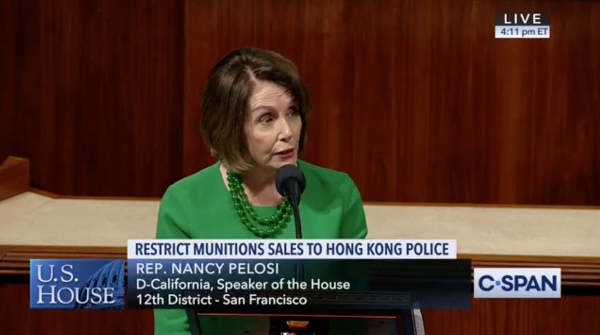 BREAKING: Minutes ago, both the Hong Kong Human Rights and Democracy Act and the PROTECT Hong Kong Act passed the House of Representatives. It was especially moving to hear <a href="/SpeakerPelosi/">Nancy Pelosi</a>‘s speech on her work and support over the decades. Onward to the Senate now!