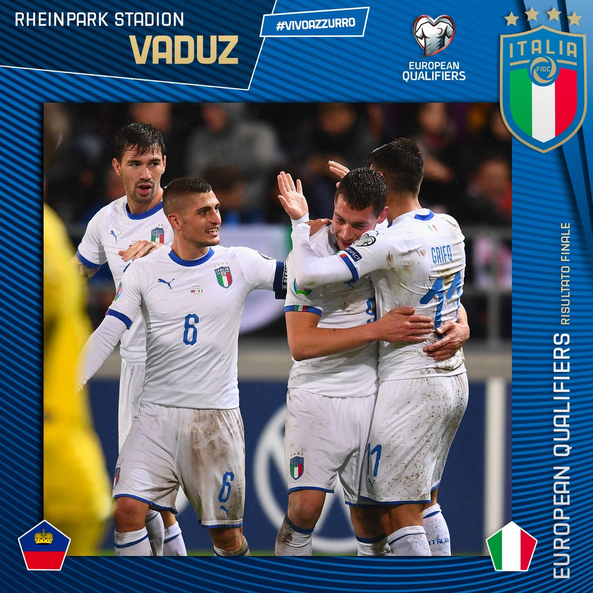 Azzurri's tweet photo. ⏱RISULTATO FINALE

🇱🇮 #LiechtensteinItalia 🇮🇹 0️⃣-5️⃣
⚽️ 2’ #Bernardeschi, 70’, 92’ #Belotti, 77’ #Romagnoli, 82’ #ElShaarawy

🏟 #RheinparkStadion - #Vaduz 
🇪🇺 #EuropeanQualifiers

#LIEITA #Azzurri  #VivoAzzurro https://t.co/UYnLalojS5