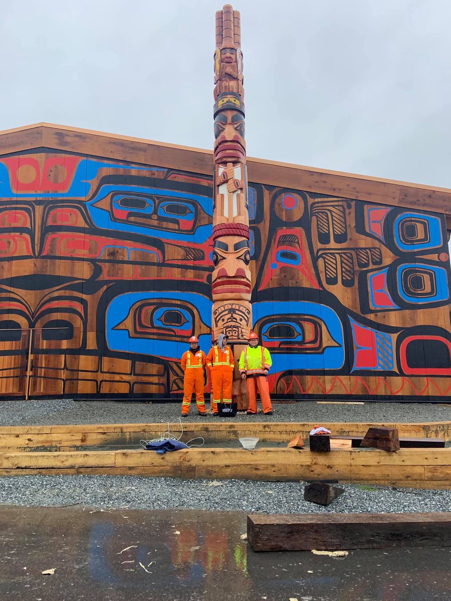 The crane crew that assisted in erecting this great totem pole.  All Heiltsuk boys, Kevin Bolton Jr., Robert Johnson and William Dixon Jr.