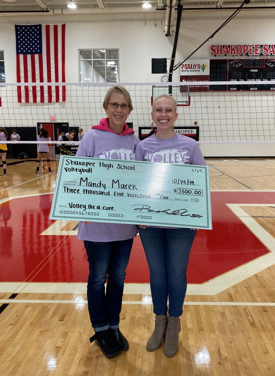ShakopeeVball's tweet photo. Our team &amp; the Volleyball Booster Club were proud to present a check to Mandy Marek yesterday! We wish her nothing but the best as she continues to fight &amp; heal! Thank you Shako, for supporting Mandy, our team, &amp; our efforts to fight the cancer battle within our community. https://t.co/5XvU8xZZeU