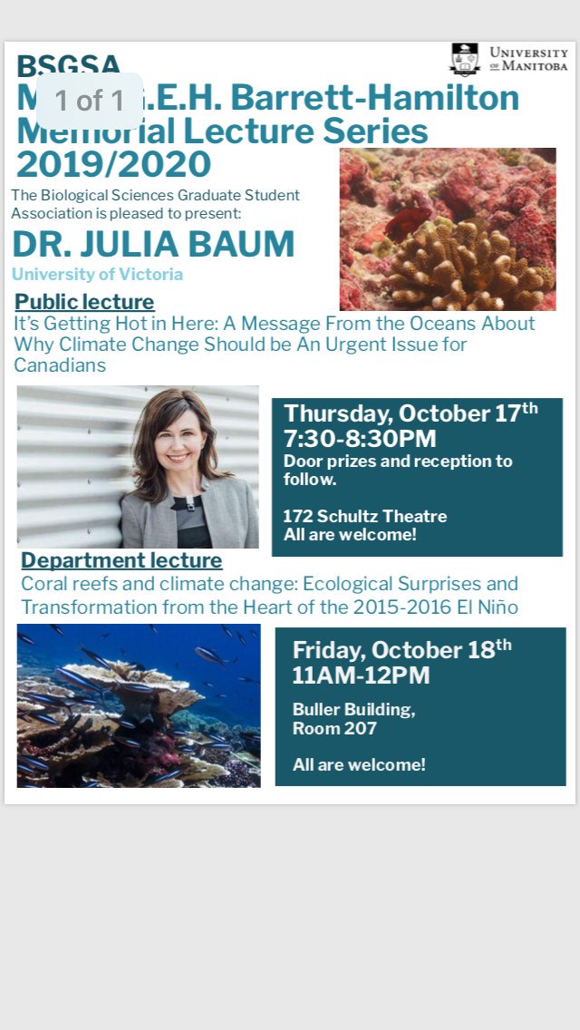 TWS_MB's tweet photo. The @uofmbsgsa is hosting Dr. Julia Baum for the Major Barrett-Hamilton lecture series with 2 exciting lectures on climate change and the impacts on our oceans and coral reefs. The Thursday evening talk includes door prizes and a reception! See the attached poster for details. https://t.co/dJBTKCmxgR