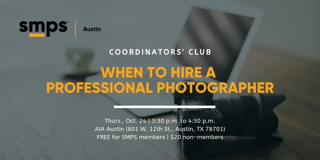 LAST CHANCE TO REGISTERJoin us at our next Coordinators' Club where <a href="/RPaulPhoto/">Rachel Paul Photography</a> will share her experience with photography and best practices in the #AEC industry. Register: bit.ly/328g3kh. #smps #smpsatx #photography #austin
