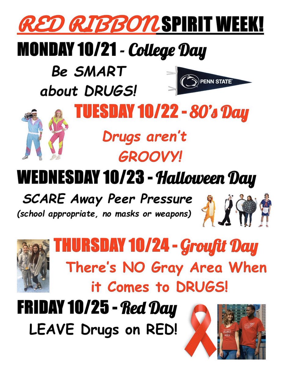 NAHSSADDClub's tweet photo. GET READY FOR RED RIBBON WEEK! Starting Monday, here all all the themes for throughout the week. Hope to see everyone participate and SAY NO to drugs❗️❗️❗️ https://t.co/2XeRcfWkEg