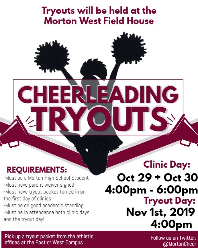 Interesting in competitive cheerleading? We will be holding tryouts on Oct. 29, 30, and Nov. 1 at the West main gym. Pick up a tryout packet at the athletic office. Email CoachOrzel@gmail.com with questions.
