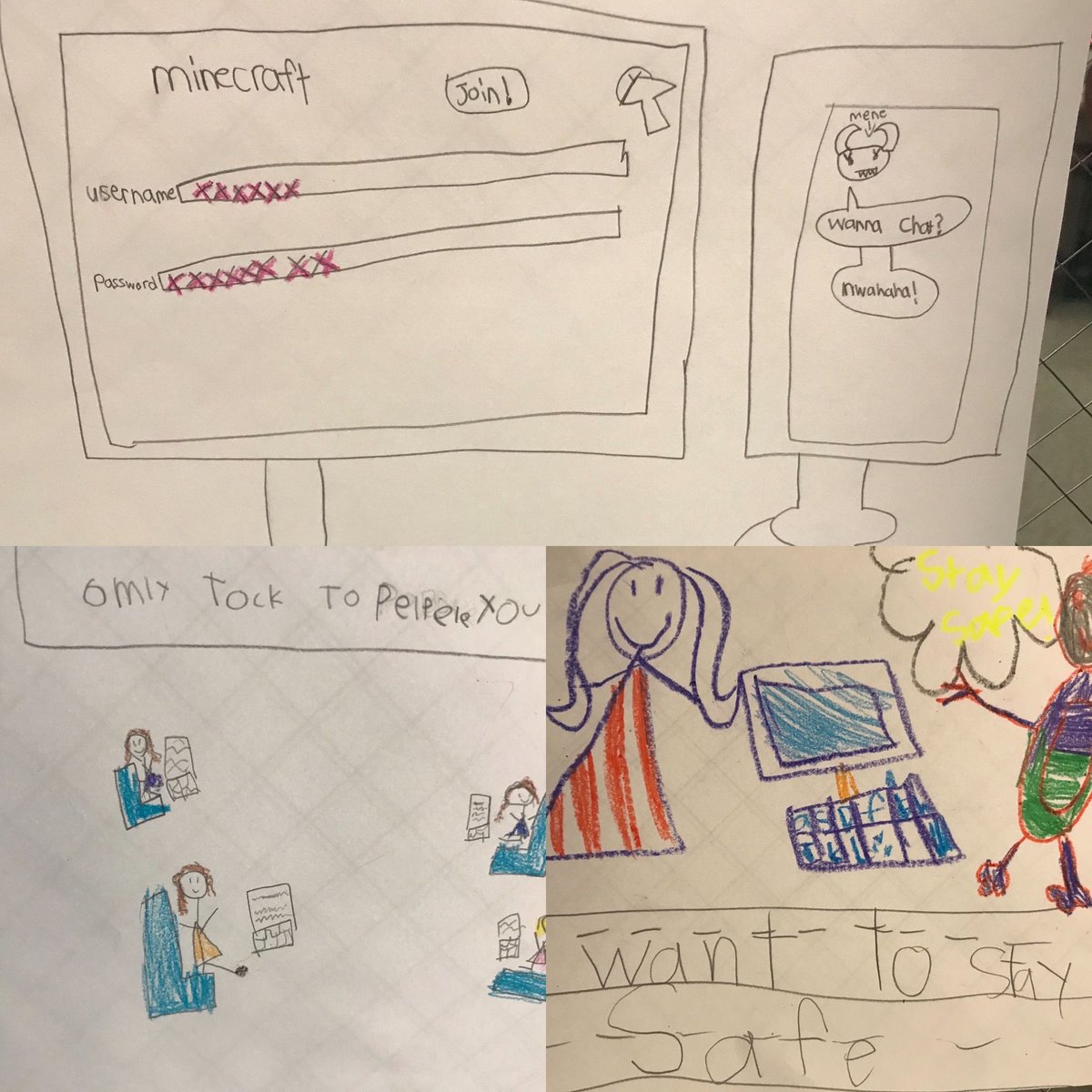CSDISD's tweet image. Artwork from Mrs. Ellingson’s class 2nd grade class @Draper Elementary showing how to be internet safe. #CommonSense #usetechforgood #DigCitinCSD #csdistheplacetobe