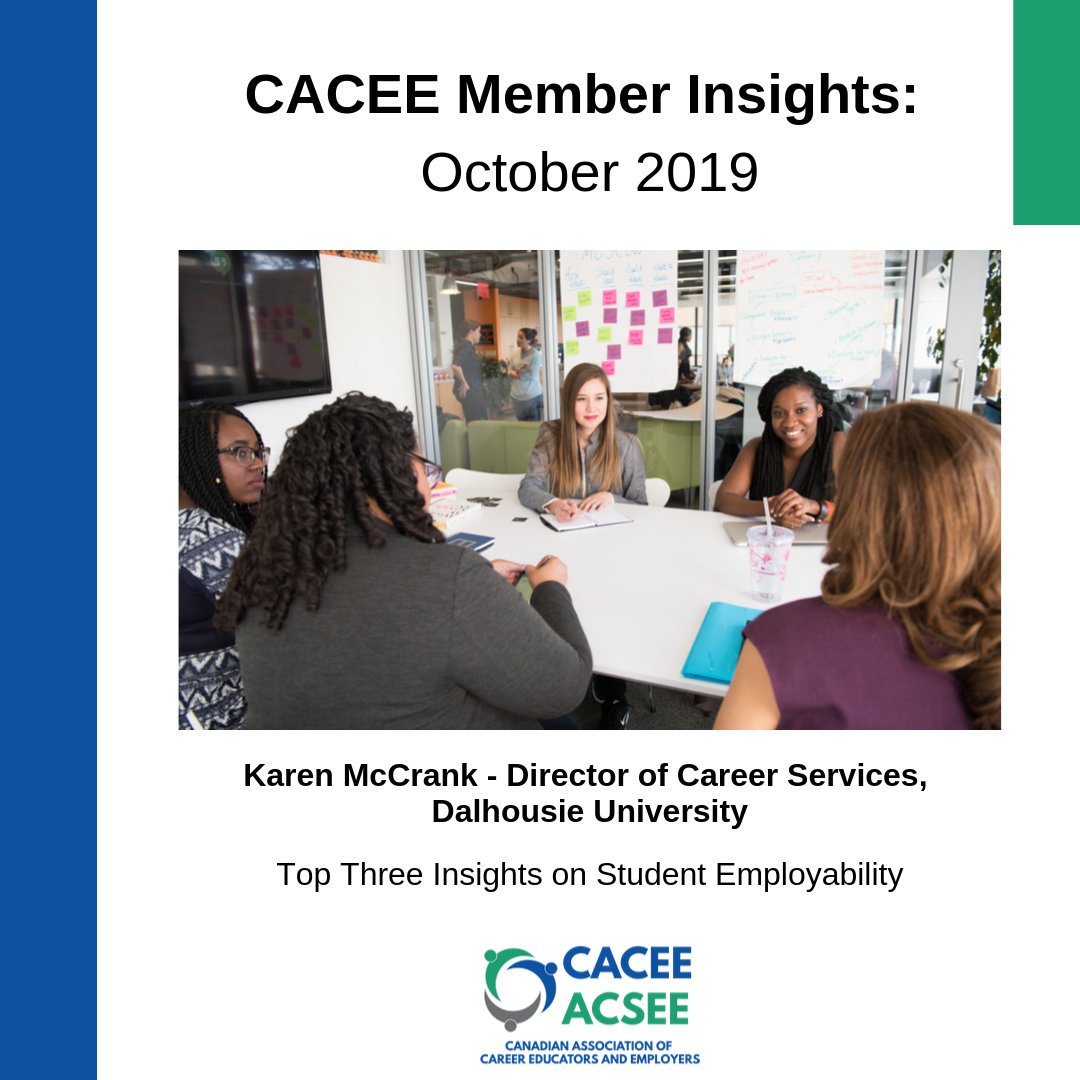 followCACEE's tweet photo. This month, Karen McCrank, Director of Career Services at Dalhousie University shares Top 3 Insights on Student Employability-https://t.co/STsRUB7gN8. What is the conversation on employability like on your campus? What insights can you share, or promising practices have you seen? https://t.co/yinZ3hVkDw