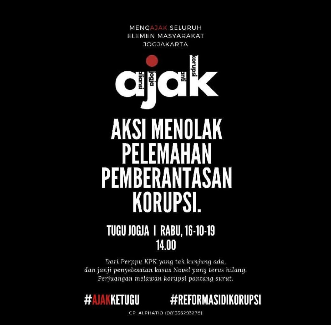 Besok UU KPK yang baru akan berlaku, sialnya presiden <a href="/jokowi/">Joko Widodo</a> tidak menunjukkan tanda-tanda akan mengeluarkan Perppu. Presiden diam, rakyat harus teriak. Jogja, sampai jumpa di jalan. 

#ManaPerppuKPK #ReformasiDikorupsi