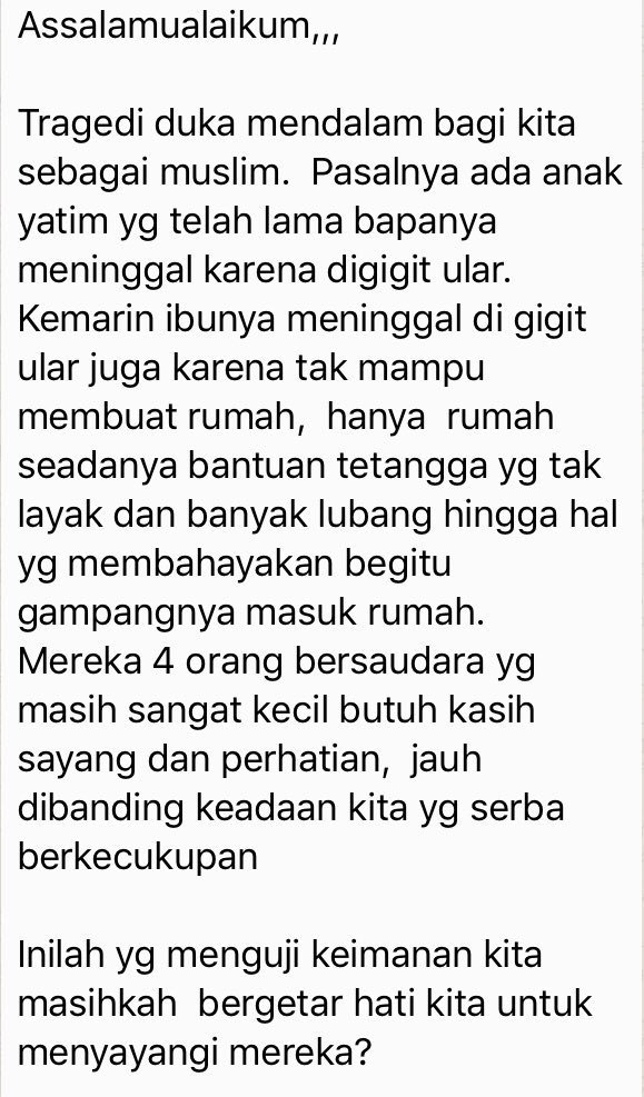 IbrahimAzzaini's tweet photo. PLEASE BANTU RETWEET

AYAH DAN IBU MENINGGAL DI GIGIT ULAR
InsyaaAllah dalam waktu dekat ini, relawan SYP akan survei ke lokasi. Utk menanyakan apa yg perlu kita bantu.
Bismillah, yuk bantu mudahkan urusan adik yatim ini.
Sekarang kita yg menjadi orang tua mereka https://t.co/iUuLl1tOdW