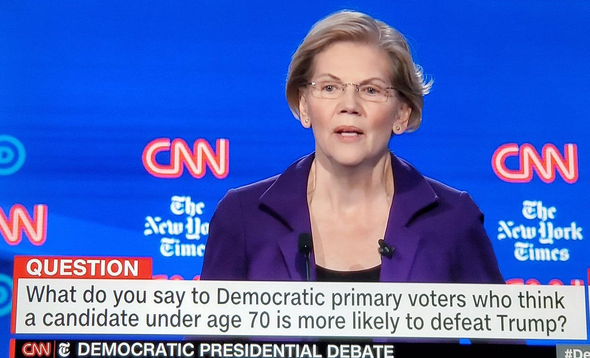 I think the question of age with Senator Elizabeth Warren is NUTS. 

I saw her run through Penn Station, and she wasn't even out of breath. She takes selfies for 4 hours.

She'll be fine, and will clean trump's crooked clock. #DemocraticDebate