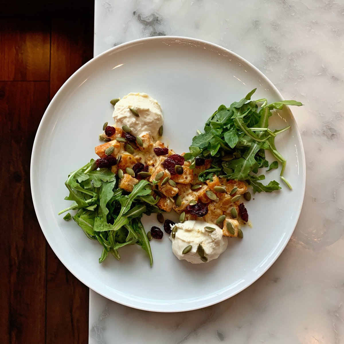 “Roasted Butternut Squash Salad”. 
A refreshing dish with whipped goat cheese, arugula, pumpkin seeds, dried cranberry, and mustard dressing. 

Pairs well with “Lake Breeze Rousanne 2017 from Naramata, BC, Canada.