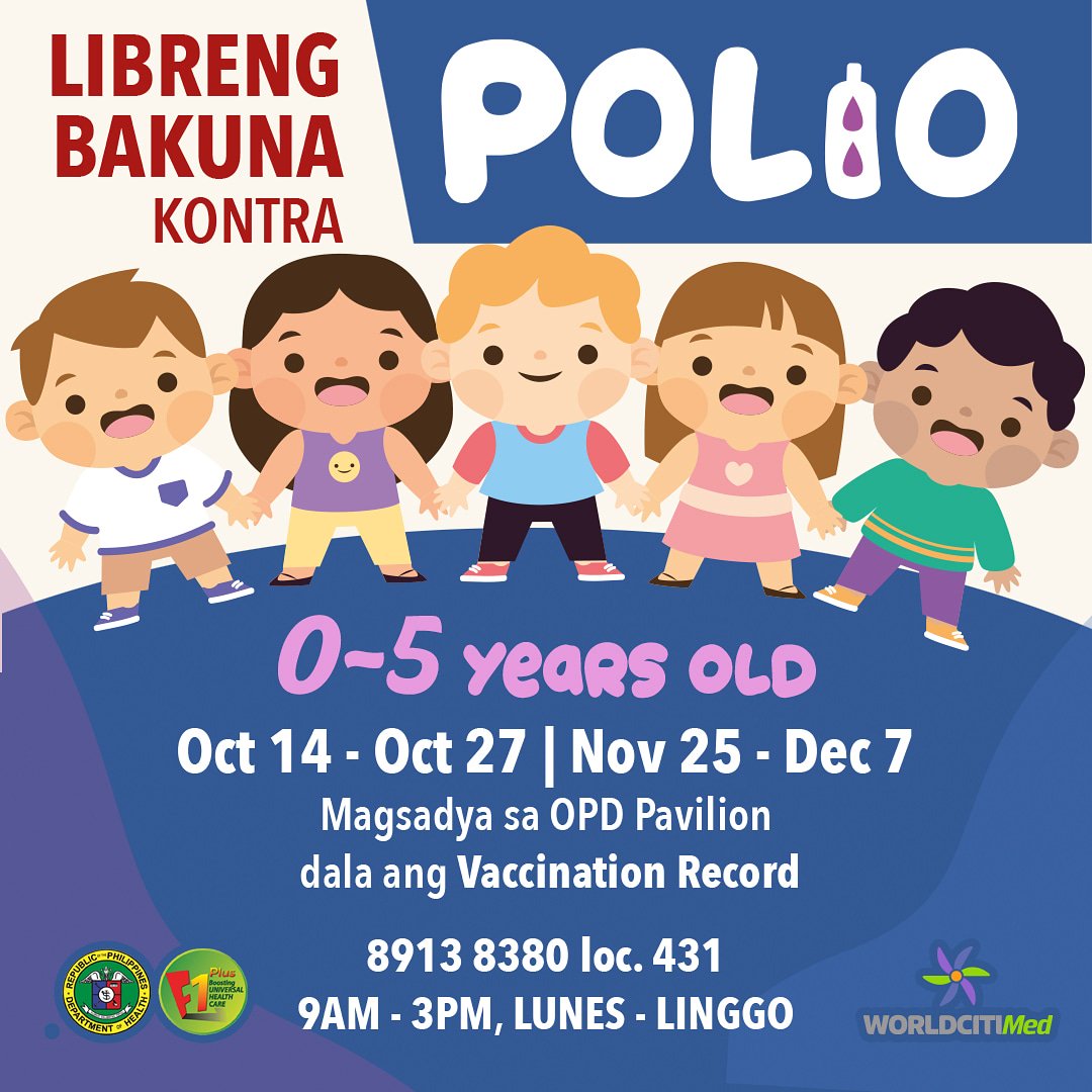 WorldCitiMed's tweet photo. MAY KASO NG POLIO SA PILIPINAS!

Pabakunahan ang inyong anak kontra Polio! Ang libreng bakuna ay para sa mga batang wala pang limang taong gulang, nabakunahan man o hindi! Dalhin lamang ang vaccination record ng iyong anak sa OPD Pavillion, #WorldCitiMed #SabayangPatakKontraPolio https://t.co/QYZYxDAabN