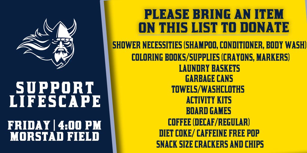 Fans, we will be hosting a donation drive for <a href="/LifeScapeSD/">@LifeScape</a> at our game vs. Northern State this Friday at 4:00 pm. 

Please bring one or more of these items to help support LifeScape's mission to help children and adults with disabilities lead fulfilling lives.

#BuildingChampions