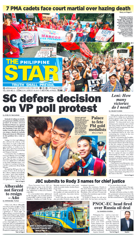PhilippineStar's tweet photo. Today's front page, Wednesday, October 16, 2019

Subscribe to the paper: https://t.co/R5euASTxjl

Download today's issue: https://t.co/rVWxhNP7Pt

Download our mobile app: https://t.co/UQ4kumjWmV https://t.co/9TqeoUDDHE