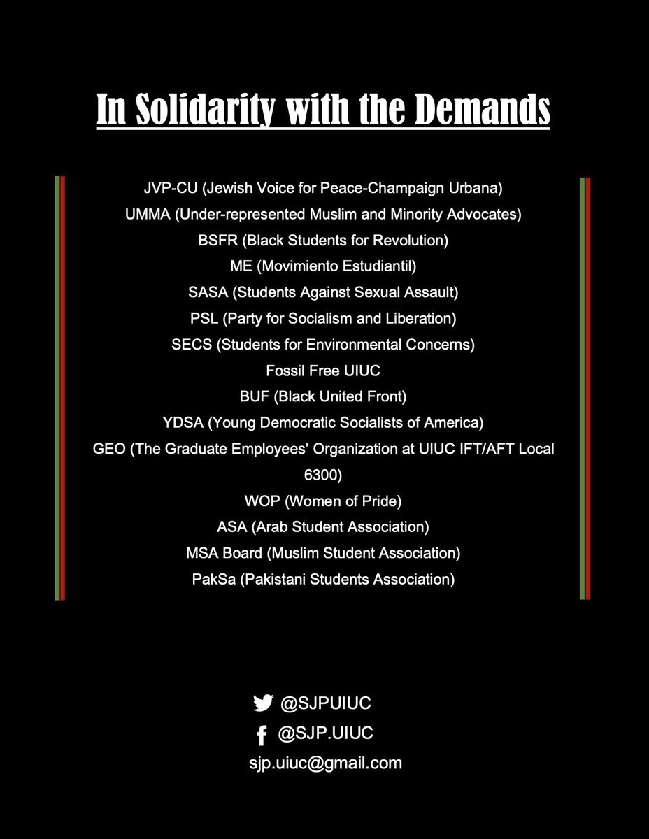 *FOR IMMEDIATE RELEASE* After a day of meetings with the Chancellors, SJP UIUC is responding with these demands. The University of Illinois has 48 hours to respond before we take immediate action. #SJPDemands