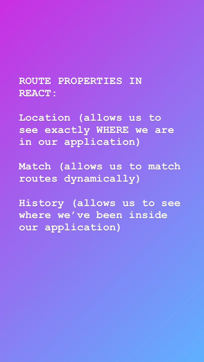 amentechIT's tweet photo. ROUTE Component properties that came straight out of the React-Router-DOM library:

Location (let’s us know where we are exactly inside our app navigation)

History (where we just came from and HOW)

Match (what links we are matching our router to dynamically) e.g. {topicId} https://t.co/znTnYHcRkG