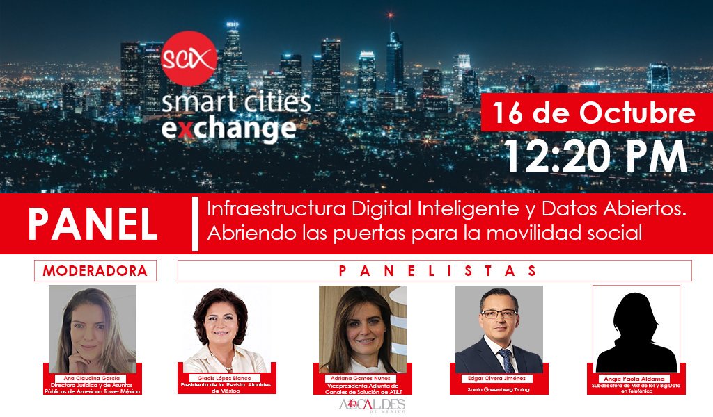 AlcaldesMexico's tweet photo. ¡Mañana! Nos vemos en @SmartCitiesEx donde la Presidenta de Alcaldes de México, @GladisLopezB, participará en  en el panel “Infraestructura Digital Inteligente y Datos Abiertos. Abriendo las puertas para la Movilidad Social” 
#SmartCitiesExchange https://t.co/BoqBay6V4I
