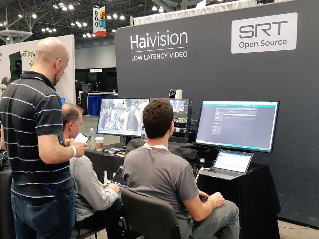 Haivision's tweet image. A little look #BehindtheStreams: our team putting some finishing touches on our #videoencoding demonstration for @NABShow - come see us tomorrow at Booth N721! #NABShowNewYork
