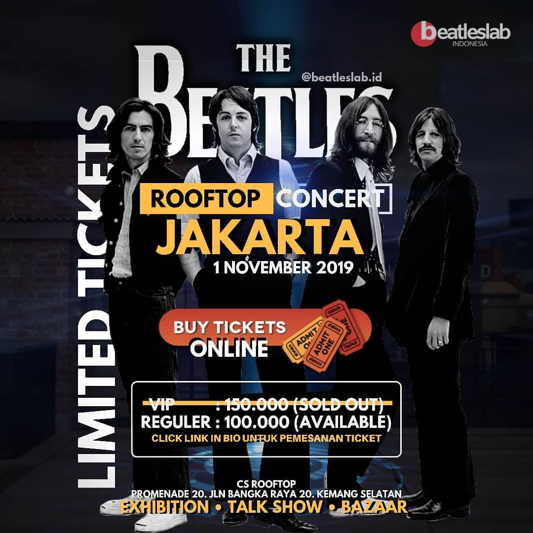 Kuy merapat acara BEATLES ROOFTOP CONCERT JAKARTA.
.
More info : Instagram 'Beatleslab.id'
.
Dan booking ticket nya di link ➡➡ beatles.empproduction.org