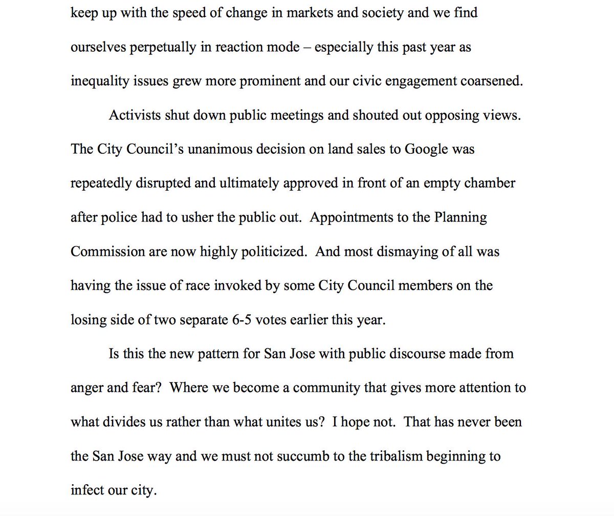 STP_SJ's tweet photo. Scott Knies of @SJ_Downtown State of Downtown Speech sounds about white. How dismissing of equity & race in #SanJose. How privileged to actually say these words out loud on pg. 2 https://t.co/glTdaveWe8 #FueraGoogle https://t.co/WBU8JQklOK