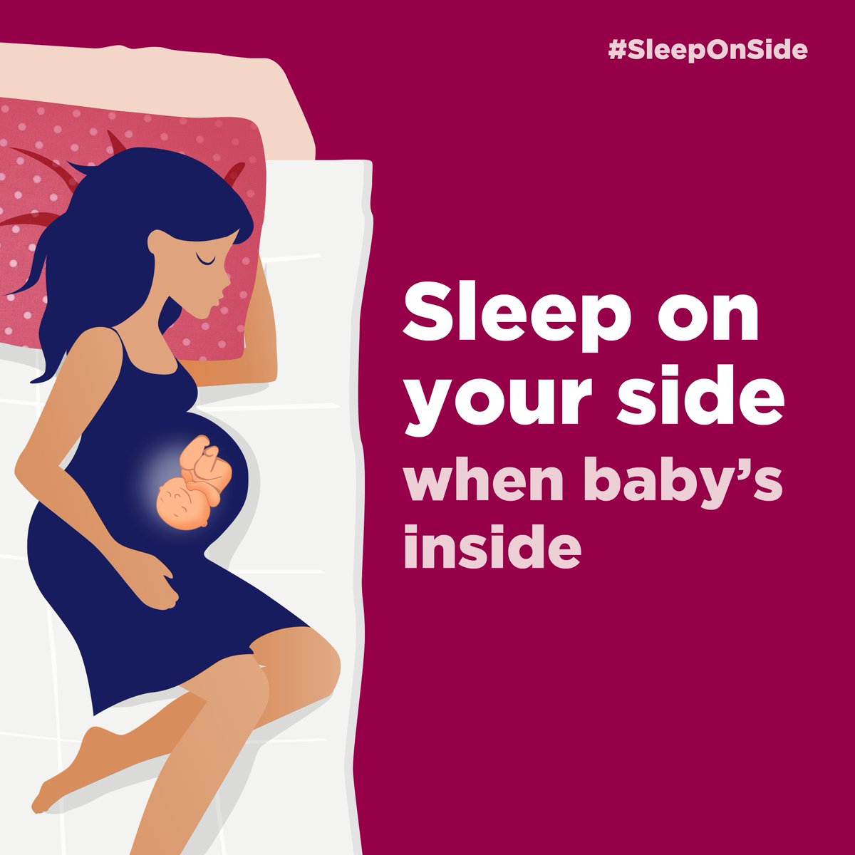 NSWHealth's tweet photo. Research shows it is safest for baby to go to sleep on your side from 28 weeks of pregnancy. Either side is fine. If you wake up on your back, don’t worry! Just roll onto your side. Find out more: https://t.co/W3AvtpOMZ5 #SleepOnSide https://t.co/qWPT16w9hn