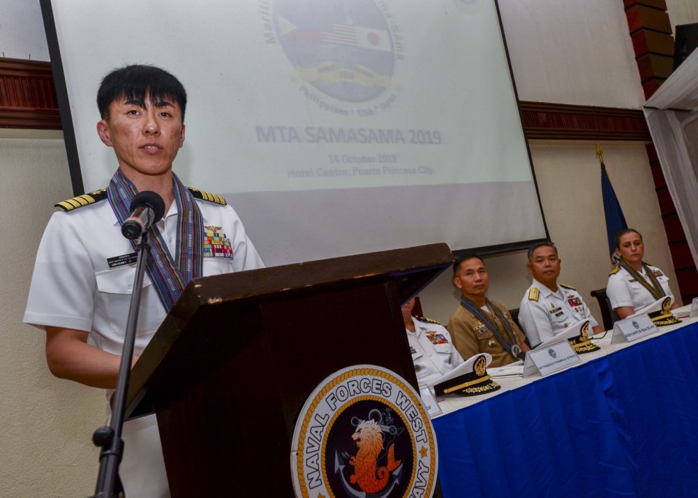 USPACOM's tweet photo. @USPacificFleet, @PN_Speak, and @JMSDF_PAO began Maritime Training Activity MTA #SamaSama with an opening ceremony in Puerto Princesa. #FriendsPartnersAllies #ForgedByTheSea #CTF73 #FreeandOpenIndoPacific https://t.co/jfZ5X9Fvy5