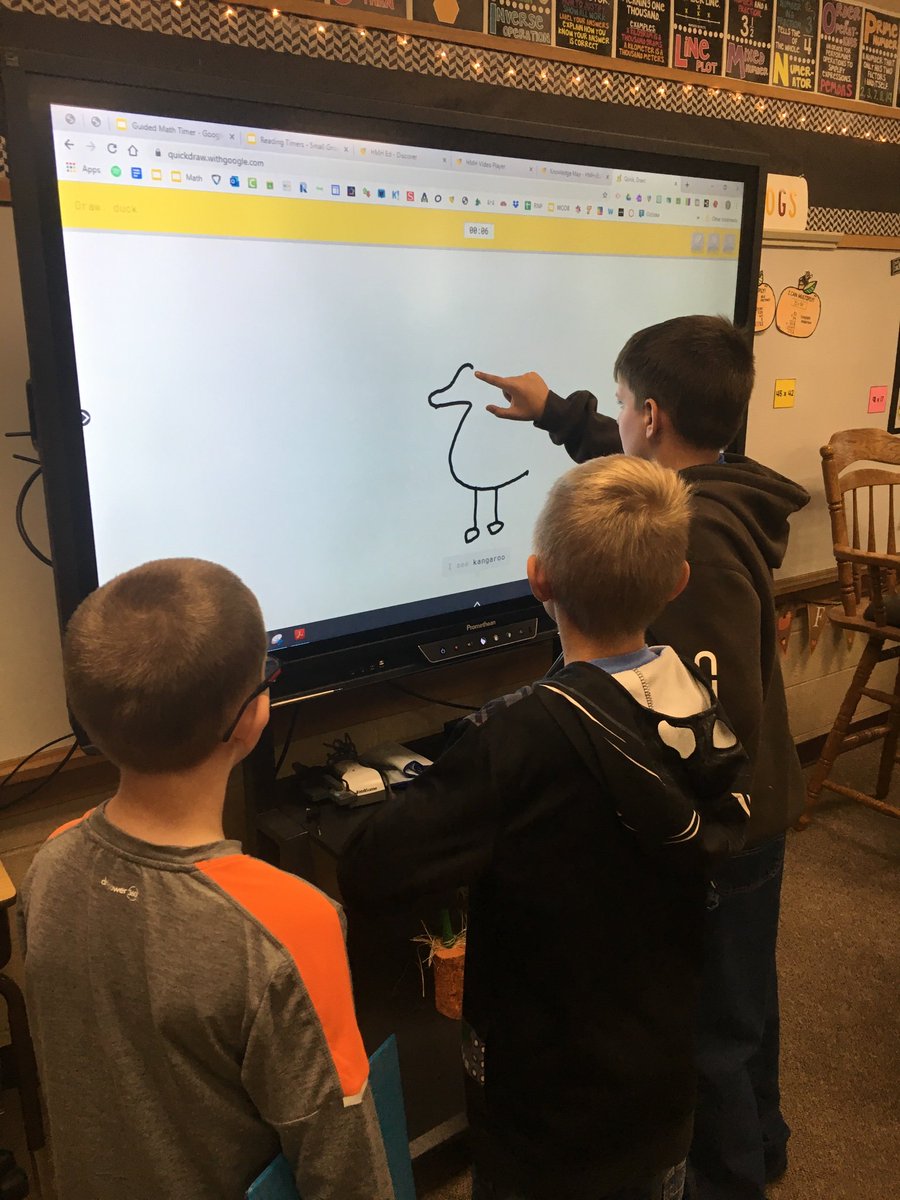 LIW_5thGrade's tweet photo. Most days, these little mathematicians have a few extra minutes while they pick up and get ready to head back to homeroom, so we play a game on our ActivPanel. They had so much fun with #GoogleQuickDraw today! @GoogleForEdu https://t.co/8KS6EtFe20