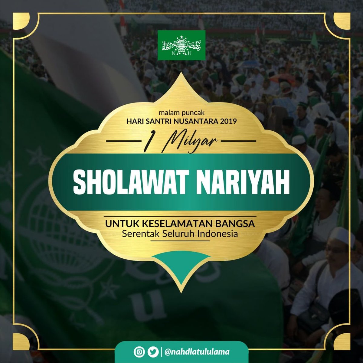 Mari bersama-sama melantunkan sholawat Nariyah di malam Hari Santri 2019. Serentak dilakukan pada tanggal 21 Oktober 2019 pukul 19.30 WIB. Semoga kita mendapatkan keberkahannya.