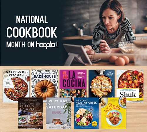 a phoograph of a woman baking in her kitchen with a collage of cookbook covers underneath the photo