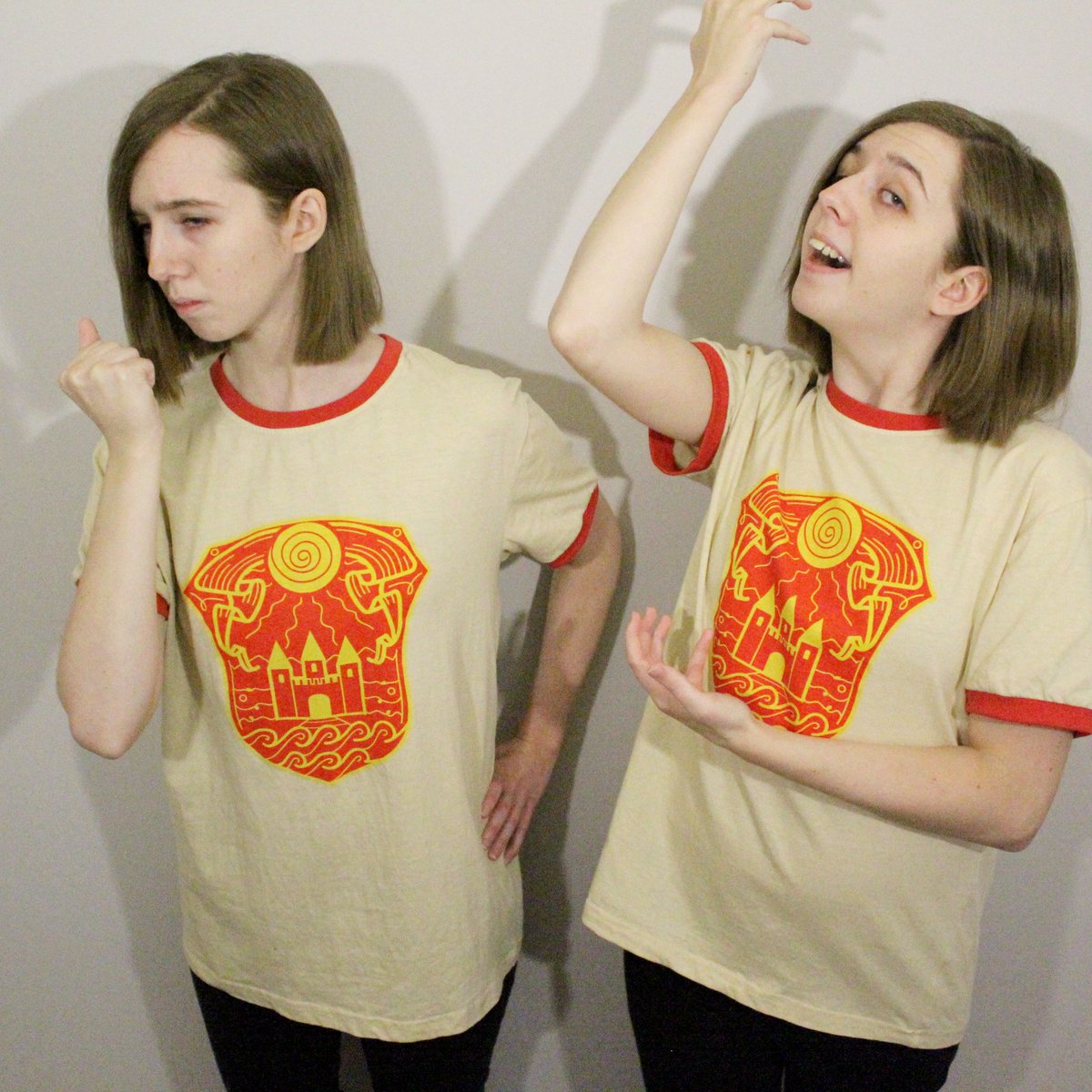 Ali_and_Macy's tweet photo. We treated ourselves to some Sanders Sides shirts and we absolutely love them! Thank you, @ThomasSanders! Of course, we had to get silly and have a lil photoshoot! We tried our best to channel each side, haha! ✨ https://t.co/BzMF6I2pcZ