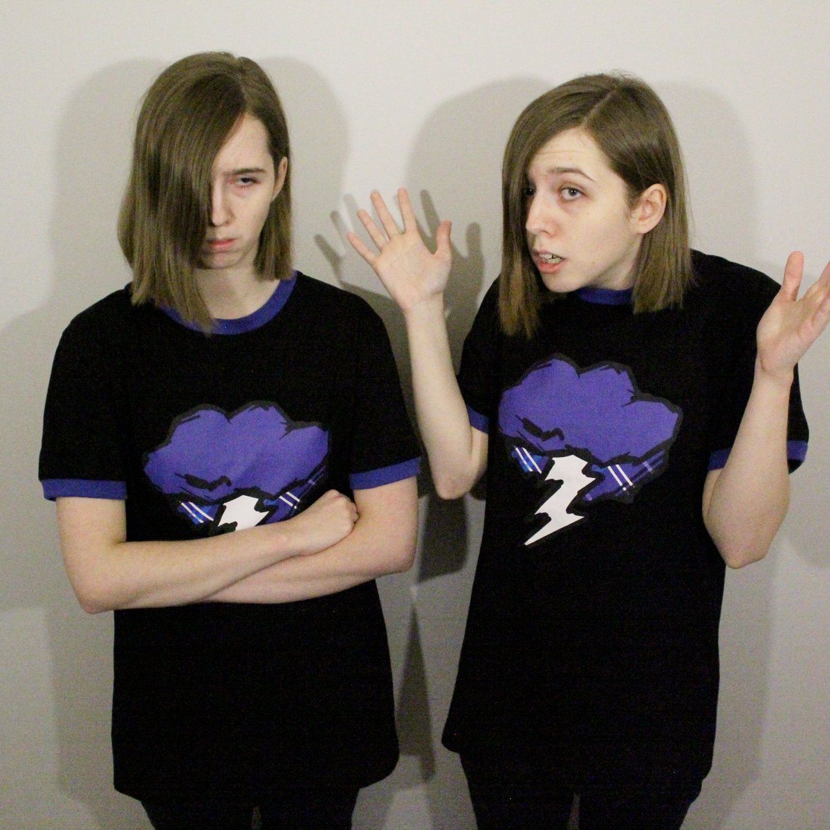 Ali_and_Macy's tweet photo. We treated ourselves to some Sanders Sides shirts and we absolutely love them! Thank you, @ThomasSanders! Of course, we had to get silly and have a lil photoshoot! We tried our best to channel each side, haha! ✨ https://t.co/BzMF6I2pcZ