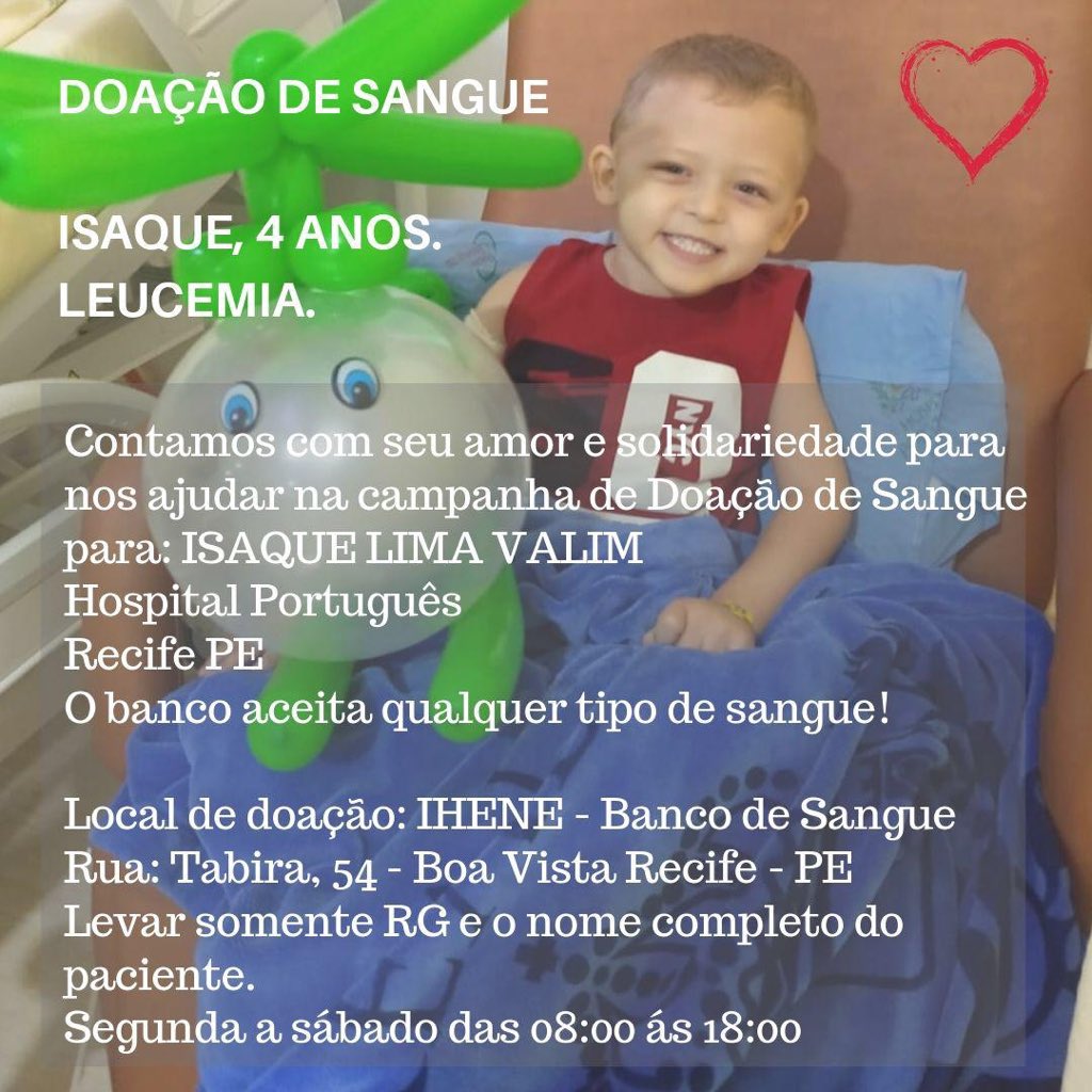 felipeniceas's tweet image. Vamos ajudar o pequeno Isaque, quem for doador de sangue ou souber quem possa doar será muito bem vindo nessa luta contra a Leucemia. #todospeloisaque #doesanguedoevida #soudoador #acorrentedobem ❤💉